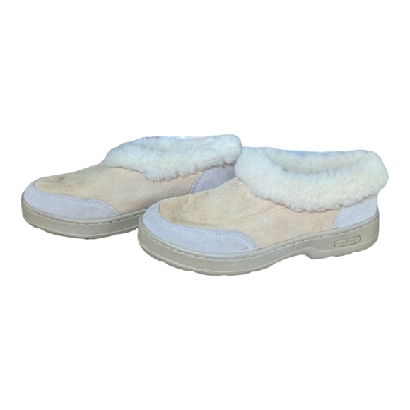 LL Bean 2 tone suede lined Sherpa slippers, size 7, GUC - Picture 1 of 9